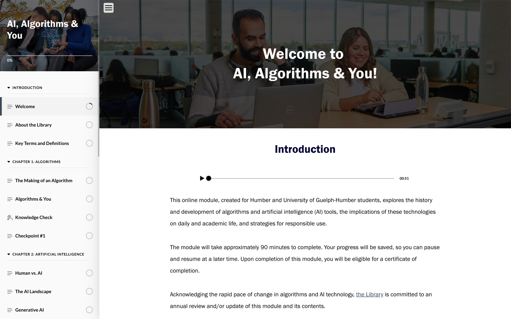 "Welcome to AI, Algorithms & You" screen