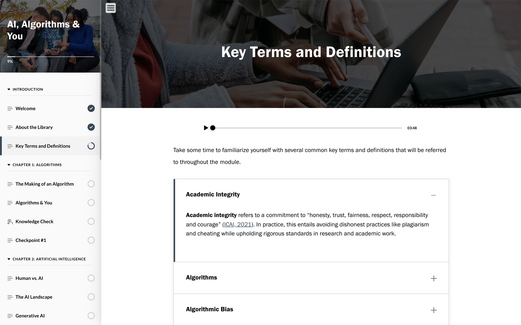 "Key Terms and Definitions" screen