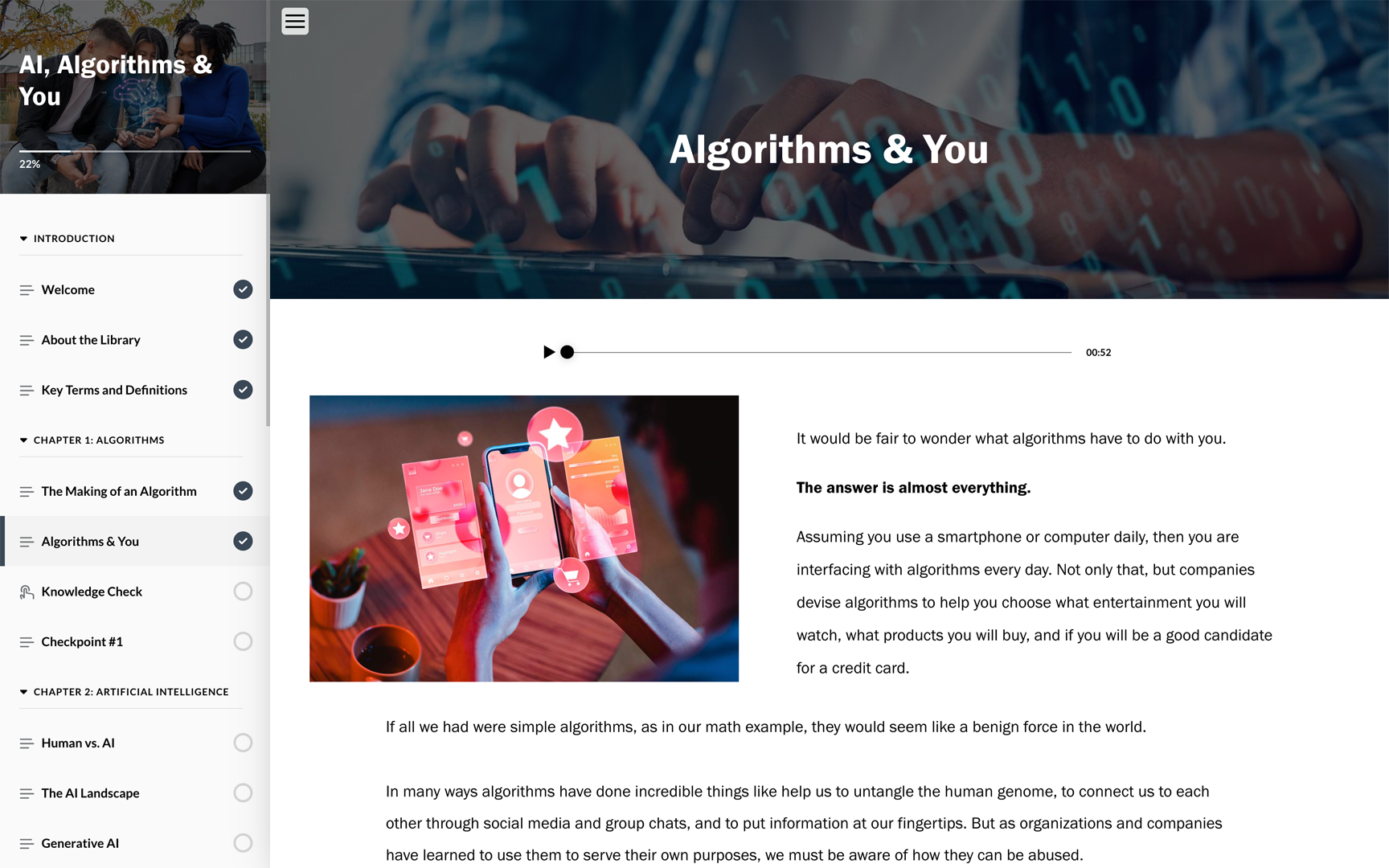 "Algorithms & You" screen