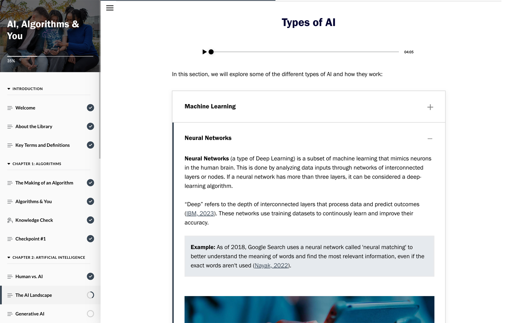 "Types of AI" screen