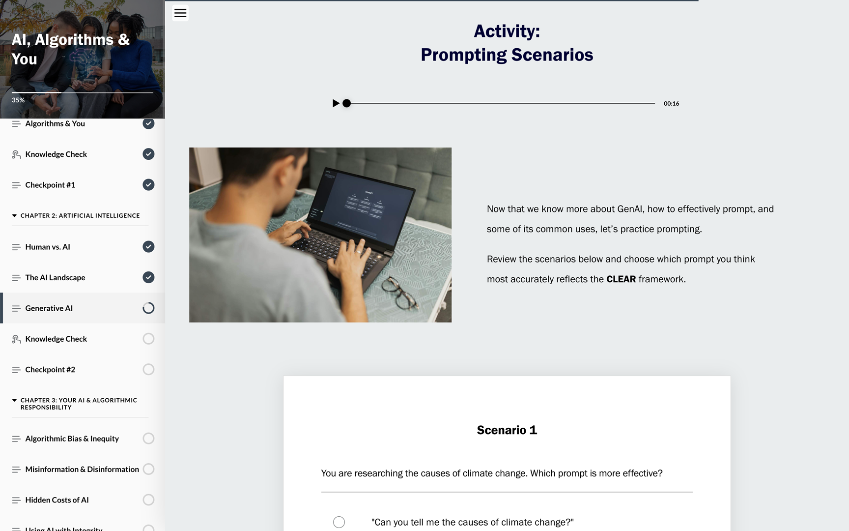 "Activity: Prompting Scenarios" screen